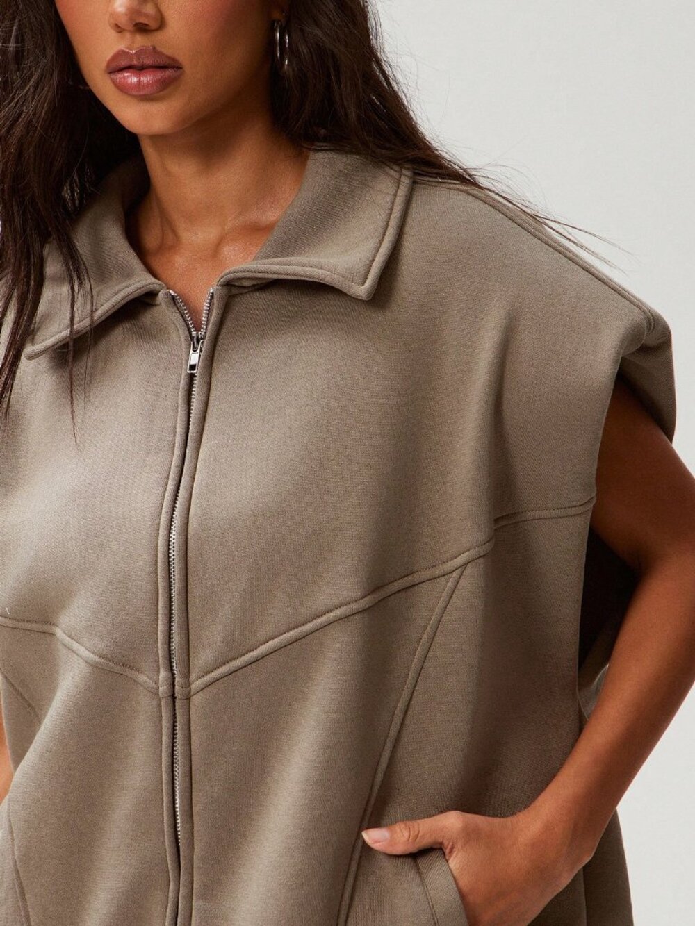 Grey Casual Women's Oversized Zip Front Plain Raglan Pocket Long Sporty Jacket - Picture 6 of 6